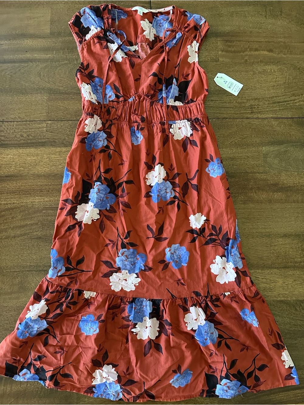 Time and Tru Rust Midi Dress with Blue and Pink Floral Pattern